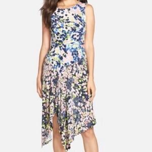 BCBGMaxAzria Asymmetrical Hem Watercolor Floral Midi Dress Size L